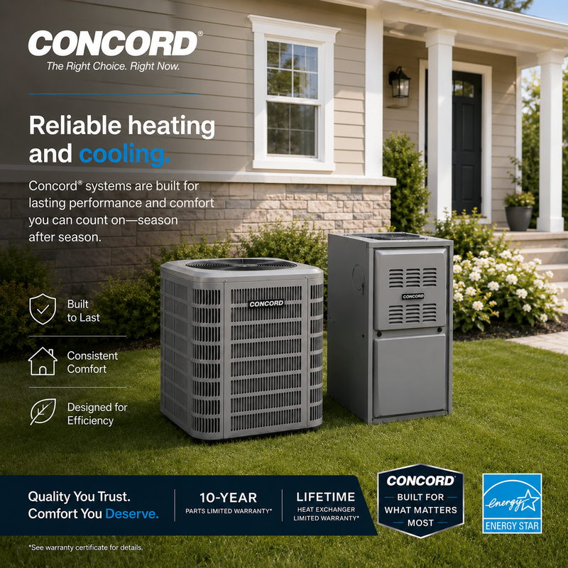 Concord air conditioning units in front of a house with promotional text and branding.