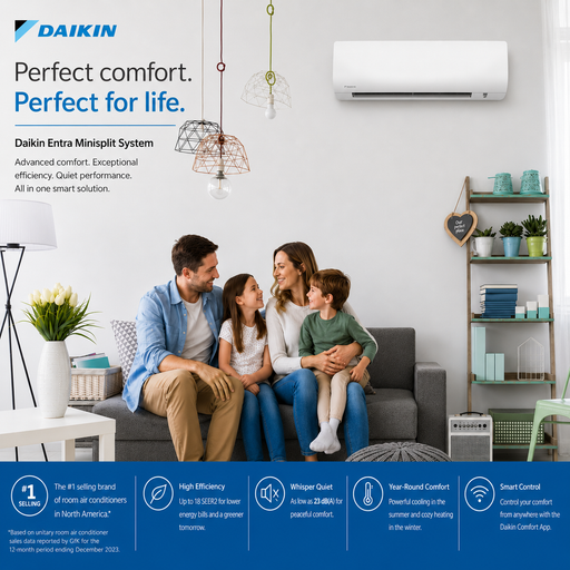 Family sitting on a couch in a living room with a Daikin air conditioner above them, featuring the Daikin brand and product details.