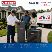 A Goodman split heat pump system shown in a real outdoor residential setting with three people standing beside it, plus a large A1 CSI truck in the background. The image includes promotional text at the top and bottom highlighting performance and reliability.