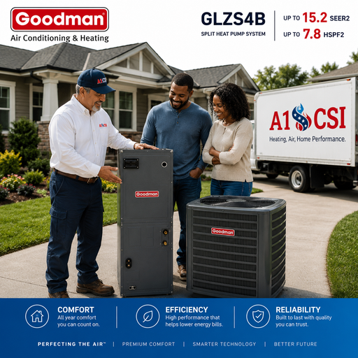 A Goodman split heat pump system shown in a real outdoor residential setting with three people standing beside it, plus a large A1 CSI truck in the background. The image includes promotional text at the top and bottom highlighting performance and reliability.