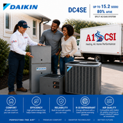 Daikin HVAC technician explaining system to a couple with A1 CSI truck in background