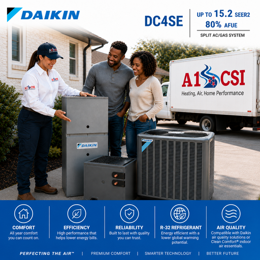 Daikin HVAC technician explaining system to a couple with A1 CSI truck in background