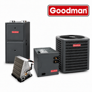 A set of Goodman HVAC equipment on a white background, including a large gray furnace, an outdoor air conditioner unit, a smaller gray component, and a heat exchanger, with a red and white Goodman logo in the top right corner.