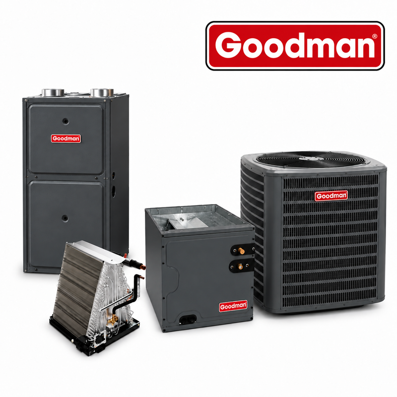 A set of Goodman HVAC equipment on a white background, including a large gray furnace, an outdoor air conditioner unit, a smaller gray component, and a heat exchanger, with a red and white Goodman logo in the top right corner.