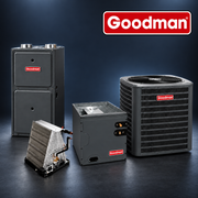 Three Goodman HVAC components arranged on a dark studio background, including a furnace, outdoor air conditioner unit, heat exchanger, and a central equipment box, with a large Goodman logo in the top right.