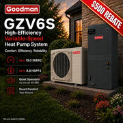 Goodman GZV6S high-efficiency variable-speed heat pump system shown outdoors beside a house at sunset, with the outdoor air conditioner unit and a large black indoor furnace/heat pump unit. Large text highlights the model and rebate offer, with feature icons on the left.