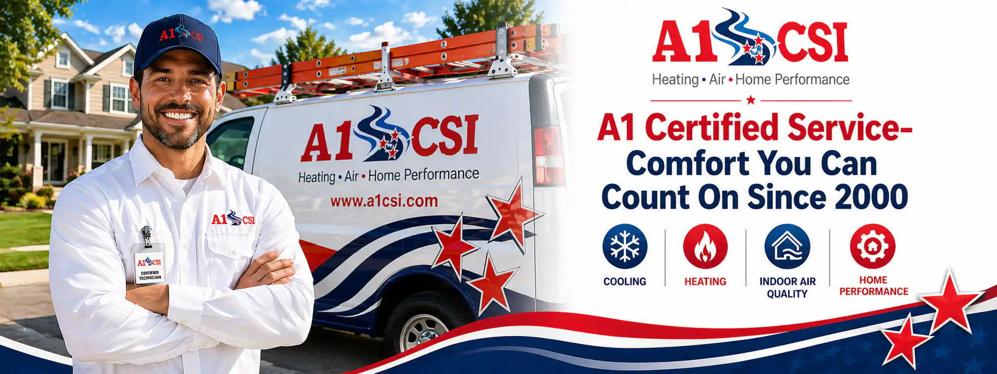 A1 CSI HVAC service technician with company van and branding elements.